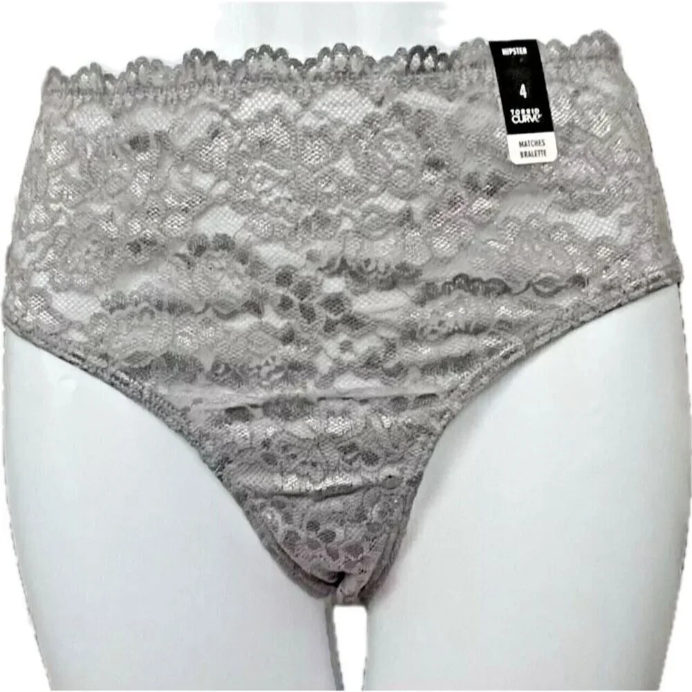Torrid + 4 Ash Gray Filigree Lace Caged Bow Detail Back Mid-Rise Hipster Panties